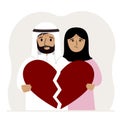 A sad man and woman are holding pieces of a broken red heart in their hands. Broken heart. Royalty Free Stock Photo