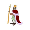 Sad medieval king with gold crown and red clothes