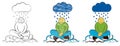The businessman took root in the ground. Character weeping in the rain. Hand drawn cartoon doodle vector illustration.