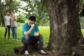 Sad man was sit, cry and tired about work or business,depressed asian male people rub his eye while cry feel disappointed with job