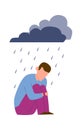 Sad mental ill young man. Depression or anxiety disorder, unhappy crying alone man under raining clouds, negative Royalty Free Stock Photo