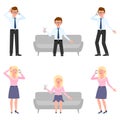 Sad, miserable, surprised, amazed, angry, shouting man, woman vector. Standing, talking, sitting boy, girl cartoon character Royalty Free Stock Photo