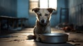 A sad mongrel young dog with a chain on his collar is located next to a large stainless steel bowl. Taking care of animals.