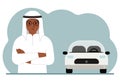 Sad muslim man next to a beautiful white car. Vector