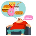 Sad obese man think to how to lose weight. health care concept. illustration vector cartoon flat icons design. isolated