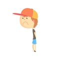 Sad offended cartoon boy standing, colorful character vector Illustration