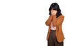 Sad office girl, asian woman sulking and frowning disappointed, standing upset and distressed against white background