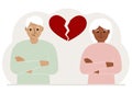 Sad old man and old woman next to a broken red heart. Broken heart Royalty Free Stock Photo