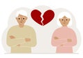 Sad old man and old woman next to a broken red heart. Broken heart Royalty Free Stock Photo