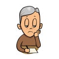 Sad old man writing a note. Flat vector illustration. Isolated on white background. Royalty Free Stock Photo