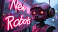 Sad old robot walks past neon sign of New Robots on cyberpunk city street, futuristic town with purple and blue light. Concept of