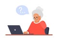 Sad old woman sitting with laptop, character with glasses with question mark over head