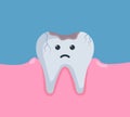 Sad painful damaged darkened tooth with hole, caries, decay, cavity. Toothache Cartoon Character Concept Vector Illustration. Cute