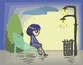 Sad painted girl in blue dress and shoes with blue hair sitting on green bench in park under light of lanterns drawing vector