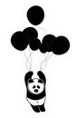 Sad panda rises in the air (sky) by balloons in search of solitude and peace