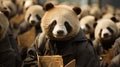 sad pandas are on strike in raincoats, protesting against the poor treatment of animals in zoos