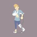 Sad patient with cast on broken leg and arm bone holding crutch, walking aid, accident concept