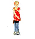 Sad pensive strong and inexpressible teenager girl in a red dress and jeans