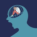 Sad person is siting and crying in a screaming head prison. Concept of depression. Flat vector illustration