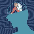Sad person is siting and crying in a screaming head prison. Concept of depression. Flat vector illustration