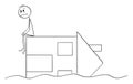 Sad Person Sitting on Flooded Destroyed House , Vector Cartoon Stick Figure Illustration