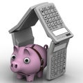 Sad pig-piggy bank in the house of electronic calculators Royalty Free Stock Photo