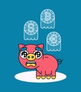 Sad pig piggy bank loses money, ghosts of coins fly away. Vector illustration.