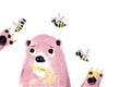 Sad pink bear drive away the bees. Childern's illustration. Hand drawn