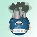 Sad Planet Earth Crying, polluted and holding poster stop it Royalty Free Stock Photo