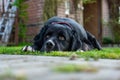 Sad portrait of a dog with black fur laying on a ground captured outdoors Royalty Free Stock Photo