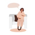 Sad pregnant woman sits on chair closed her eyes. African-American woman suffers during pregnancy. Emotions during