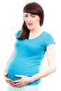 Sad pregnant woman with stomach pain touching her belly, aches in pregnancy and risk of miscarriage Royalty Free Stock Photo