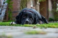 Sad profile of a dog with black fur laying on a ground captured outdoors Royalty Free Stock Photo