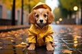 Sad puppy in a raincoat sits in a puddle on the autumn street. Fall season concept