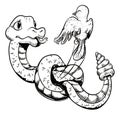 Elusive Bird Escaping from Knotted a Rattlesnake, Vector Illustration