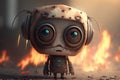 sad robot with burning head and big eyes Royalty Free Stock Photo