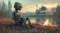 A sad robot by the campfire. Royalty Free Stock Photo