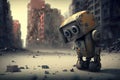 sad robot going through city and seeing its ruined buildings