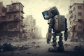 sad robot going through city and seeing its ruined buildings