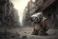 sad robot going through city and seeing its ruined buildings