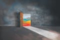 Sad room with a door opening to colorful and happy landscape, concept for hope, remission, optimism - AI Generated