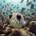 Sad scared little fish in group of others underwater. ai generative Royalty Free Stock Photo