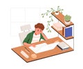 Sad school kid studying, sitting at laptop computer at home. Bored child learning online. Tired boy student, problems Royalty Free Stock Photo