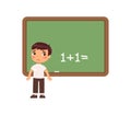 Sad schoolboy is standing in front of a blackboard. Kid cannot solve the example.