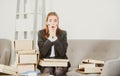 Sad secretary girl with many folders of documents, stressed overworked businesswoman too much work, office problem Royalty Free Stock Photo