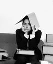 Sad secretary girl, stressed overworked businesswoman too much work, office problem. Tired stressed young woman employee Royalty Free Stock Photo