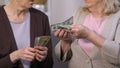 Sad senior ladies counting dollar banknotes, high interest rate for crediting