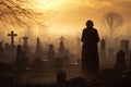 Sad senior woman grieving the loss of her loved one on a cemetery on autumn evening. Depressed elderly lady by the headstone of Royalty Free Stock Photo