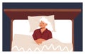 Sad Senior Woman Lying In Bed Top View. Aged Female Character Cant Sleep Due To Snore Or Bad Thoughts In Mind Royalty Free Stock Photo