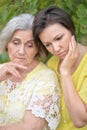 Portrait of sad senior woman with adult daughter in park Royalty Free Stock Photo